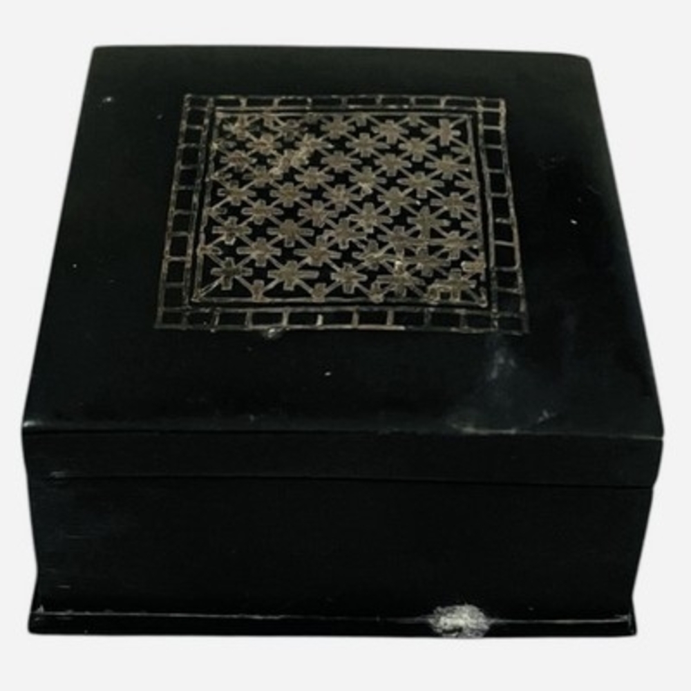 Vintage 1995 Black Metal Bidriware Jewelry Trinket Box India 3"x3" Good